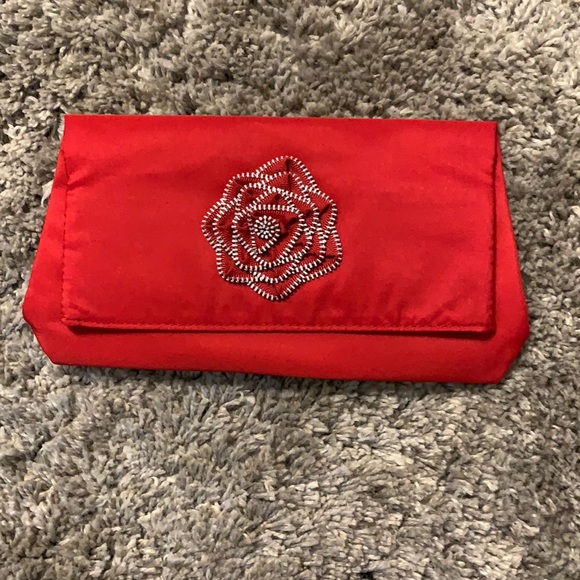 Lancome Red Clutch Bag Floral Embellished Evening Party Purse - Picture 1 of 5